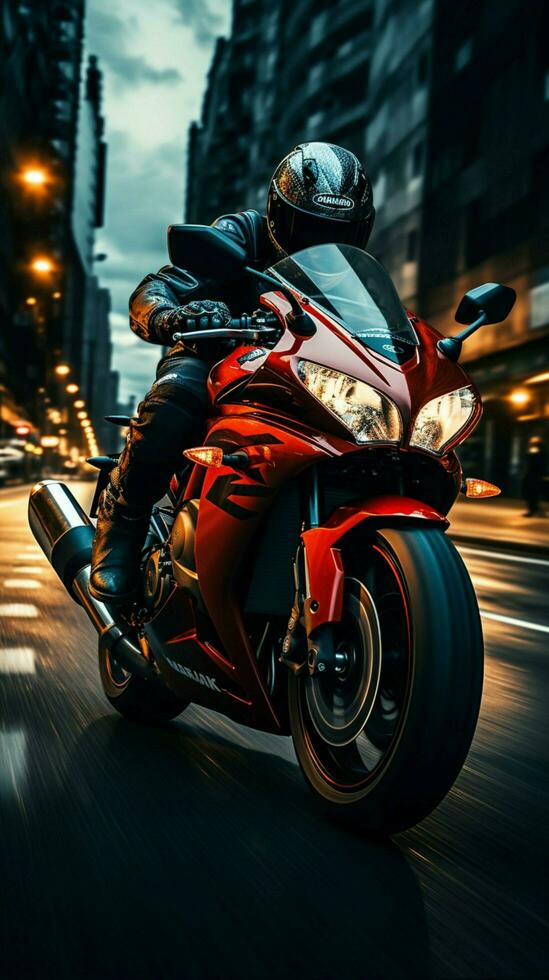 borroso movimiento en autopista como motorista en rojo motocicleta comandos atención, frente frente a vertical móvil fondo de pantalla ai generado foto