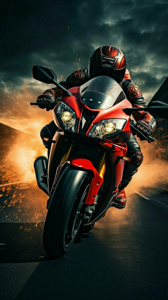 Bold biker on red motorcycle blurs down highway, front view capturing thrilling motion Vertical Mobile Wallpaper AI Generated photo