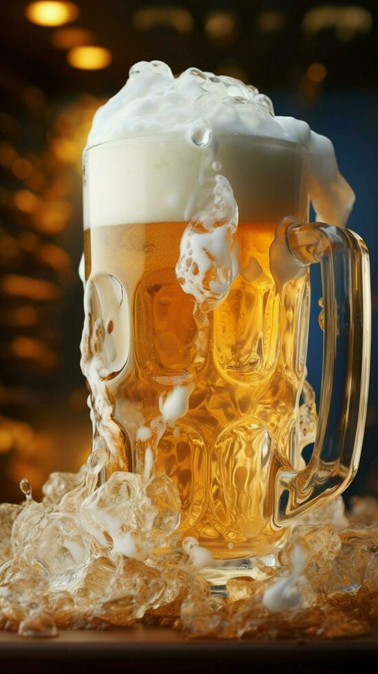 Captured from above, a beer mug reveals its foam, a prelude to enjoyment Vertical Mobile Wallpaper AI Generated photo