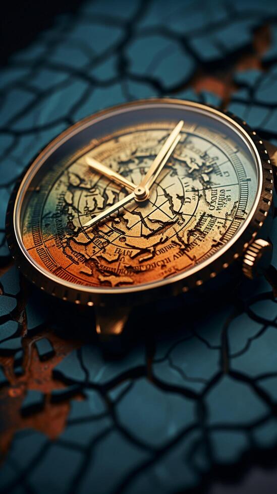 Closeup shot of watch on hand with a world map, intertwining time and travel. Vertical Mobile Wallpaper AI Generated photo