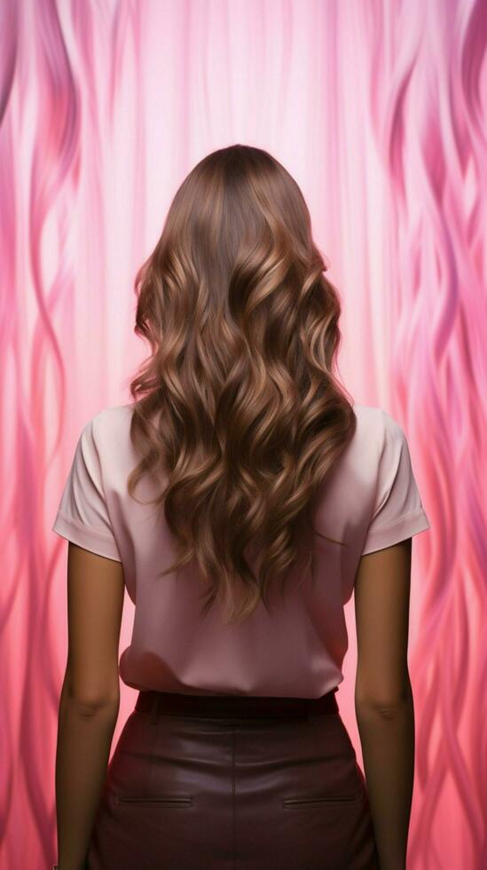 Hair transformation Model's back view  repair, shine, volume emphasized on pink backdrop. Vertical Mobile Wallpaper AI Generated photo