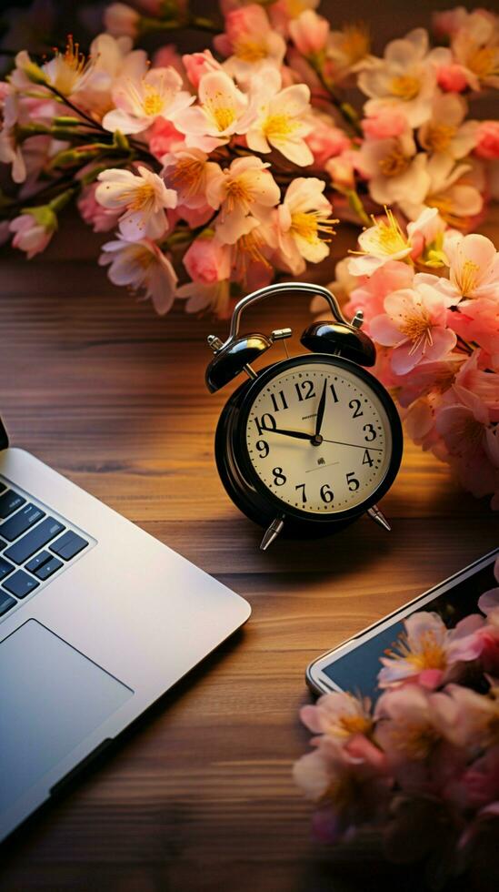 Harmonious arrangement Laptop, book, flower, alarm clock atop wooden backdrop in top view. Vertical Mobile Wallpaper AI Generated photo