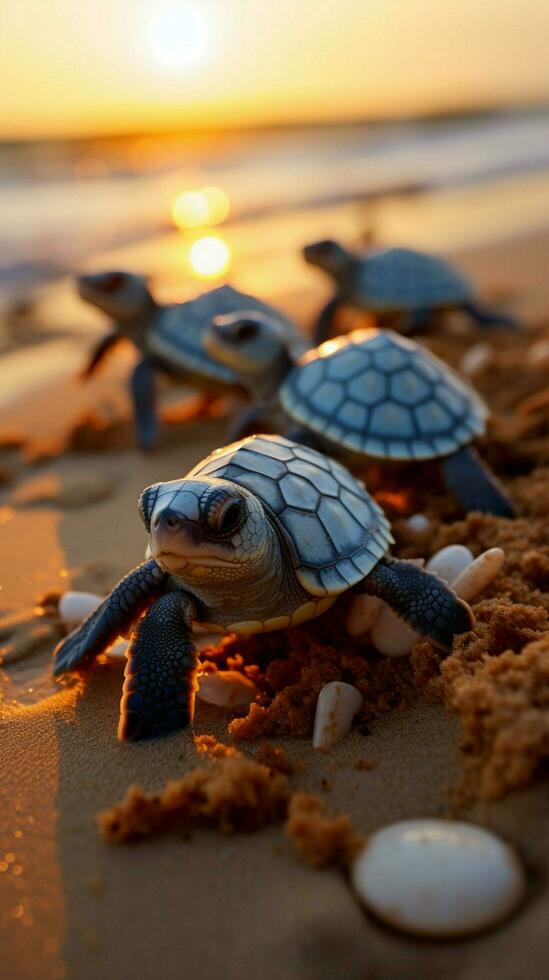 Hatching on the seaside Baby turtles break free, starting their coastal journey. Vertical Mobile Wallpaper AI Generated photo