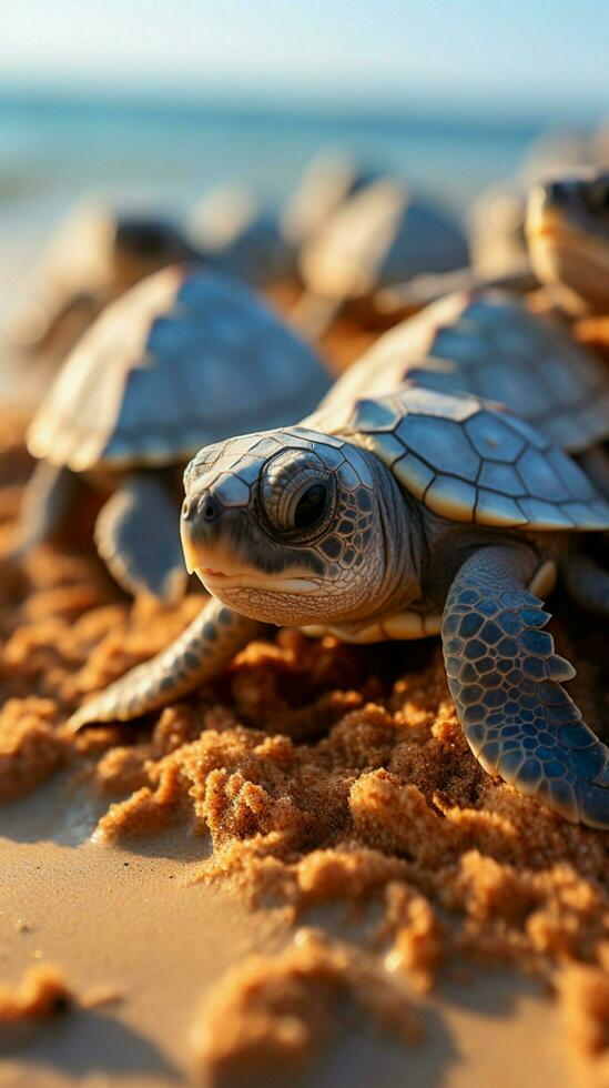 Hatching on the seaside Baby turtles break free, starting their coastal journey. Vertical Mobile Wallpaper AI Generated photo