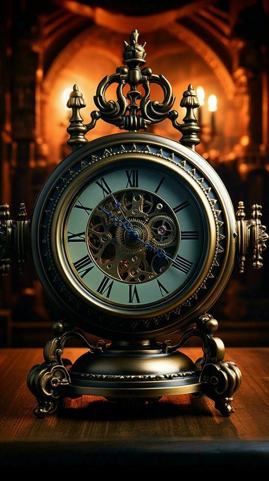 Individual seated facing antique clock, evoking a timeless contemplation of passing moments. Vertical Mobile Wallpaper AI Generated photo