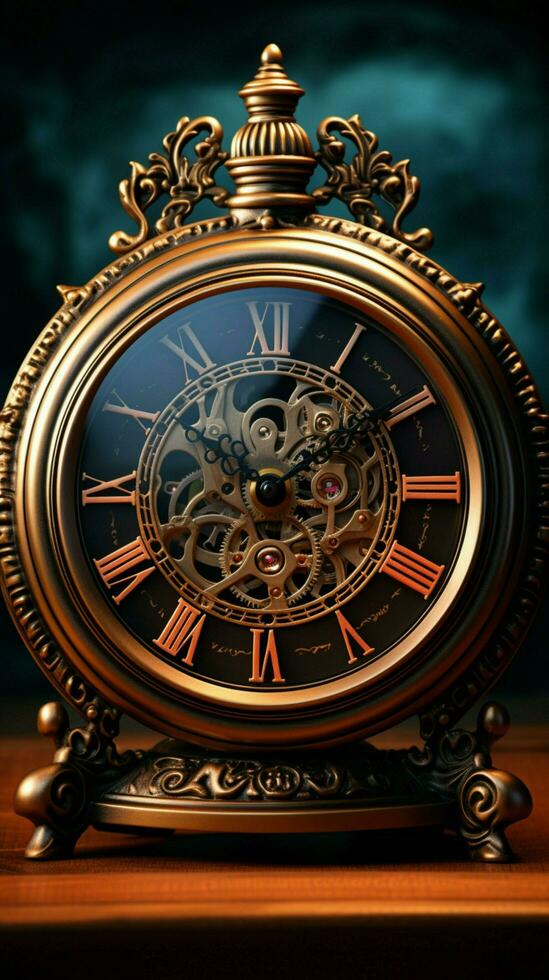 Individual seated facing antique clock, evoking a timeless contemplation of passing moments. Vertical Mobile Wallpaper AI Generated photo