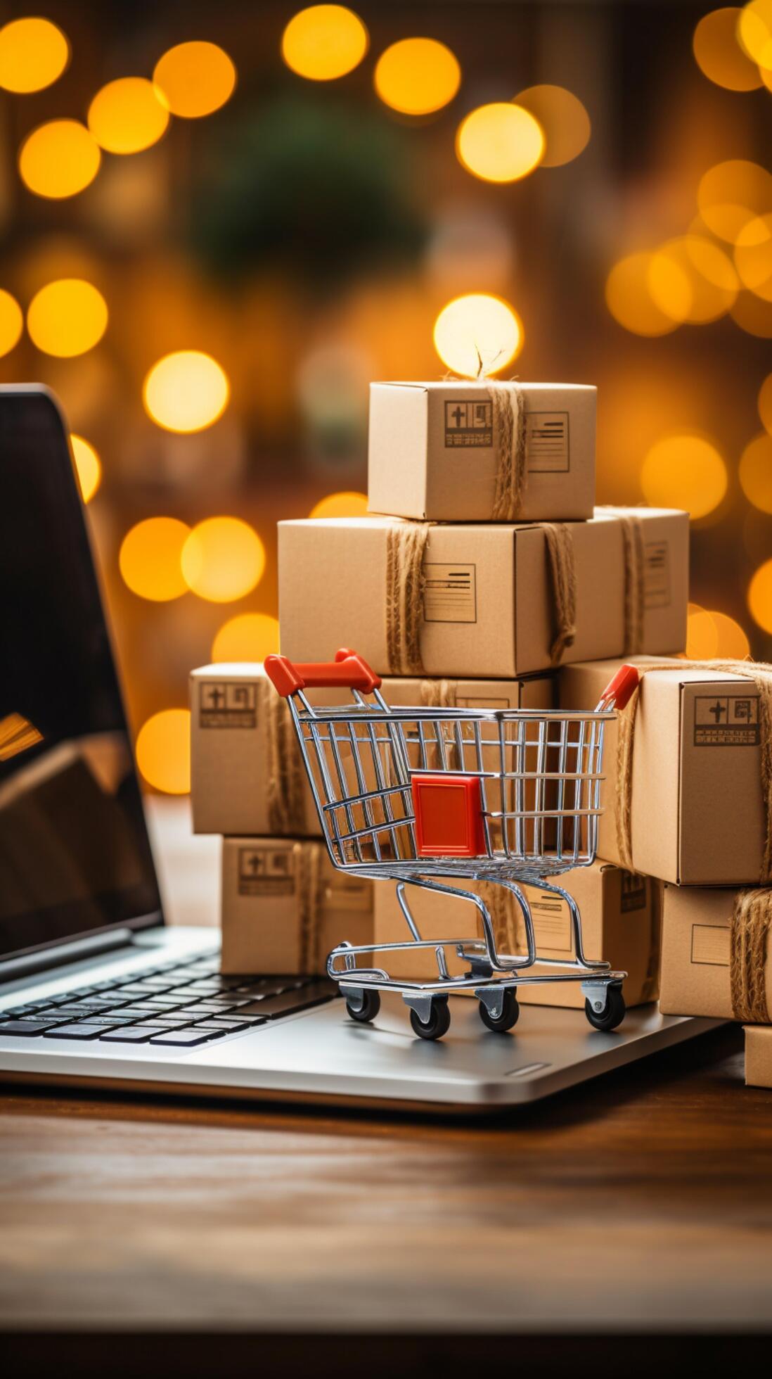 Laptop, cart, package boxes Online shopping's essence, product delivery
