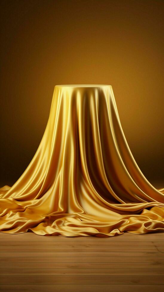 Luxurious pedestal Golden fabric draped podium against an elegant backdrop for product presentation. Vertical Mobile Wallpaper AI Generated photo