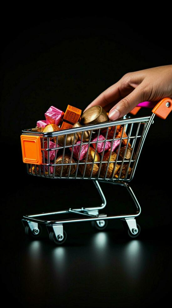 Mini cart held in hand, against black backdrop, gives a shopper's viewpoint. Vertical Mobile Wallpaper AI Generated photo