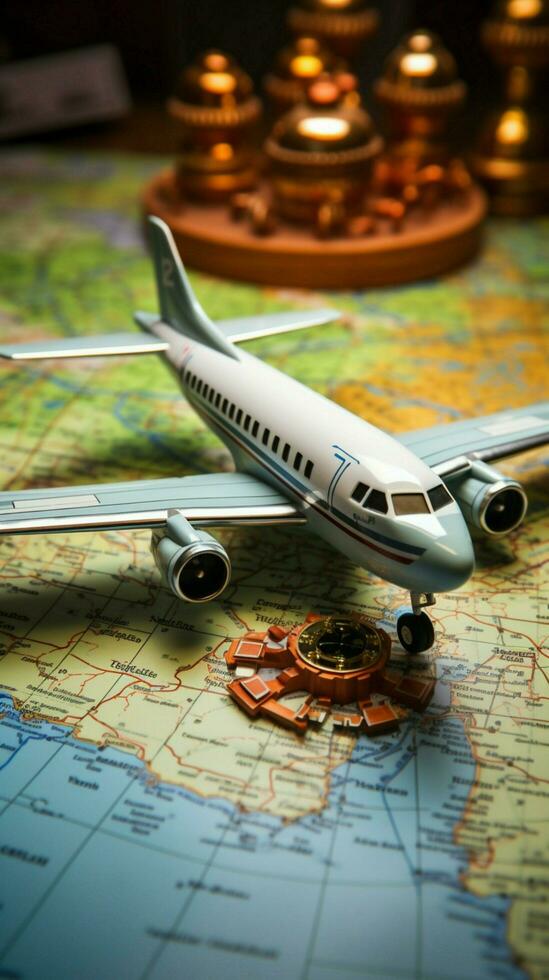 Miniature adventure Toy airplane, compass on map with abstract backdrop, sparks travel concept. Vertical Mobile Wallpaper AI Generated photo