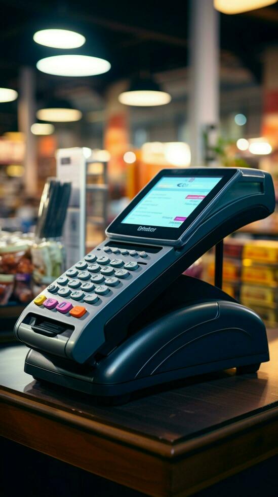 Operational POS terminal in the shop, poised for efficient transaction processing. Vertical Mobile Wallpaper AI Generated photo