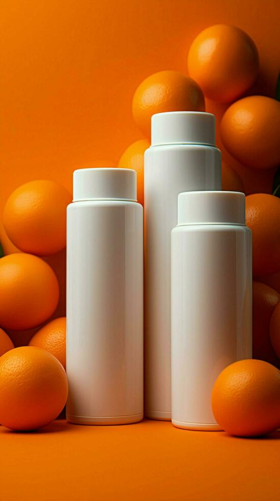 Orange background frames blank white cosmetic bottles, inviting text for promotional messaging. Vertical Mobile Wallpaper AI Generated photo