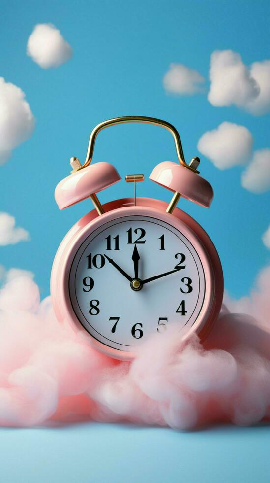 Pastel pink blue background, alarm clock amidst clouds, embodies creative minimal concept. Vertical Mobile Wallpaper AI Generated photo
