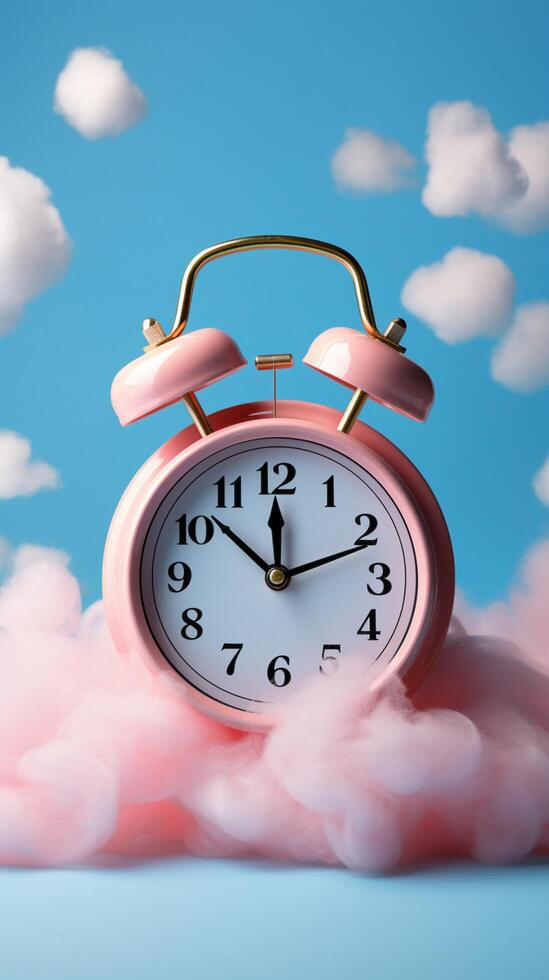 Pastel pink blue background, alarm clock amidst clouds, embodies