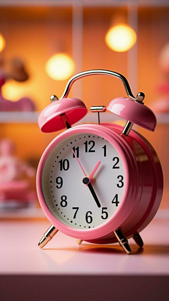 Pink backdrop frames close up Alarm clock, trolley in bold focus, commanding attention. Vertical Mobile Wallpaper AI Generated photo