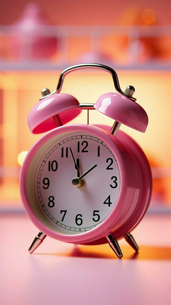 rosado fondo marcos cerca arriba alarma reloj, carretilla en negrita enfocar, dominante atención. vertical móvil fondo de pantalla ai generado foto