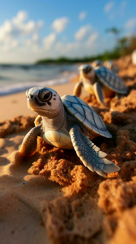 arenoso apuntalar presenciado bebé tortugas eclosión, embarcarse en su playa aventura. vertical móvil fondo de pantalla ai generado foto