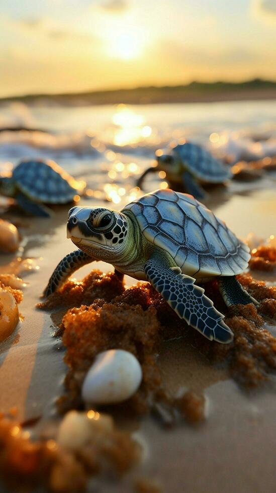 playa magia bebé tortugas escotilla, comenzando su Notable vida viaje por el océano. vertical móvil fondo de pantalla ai generado foto