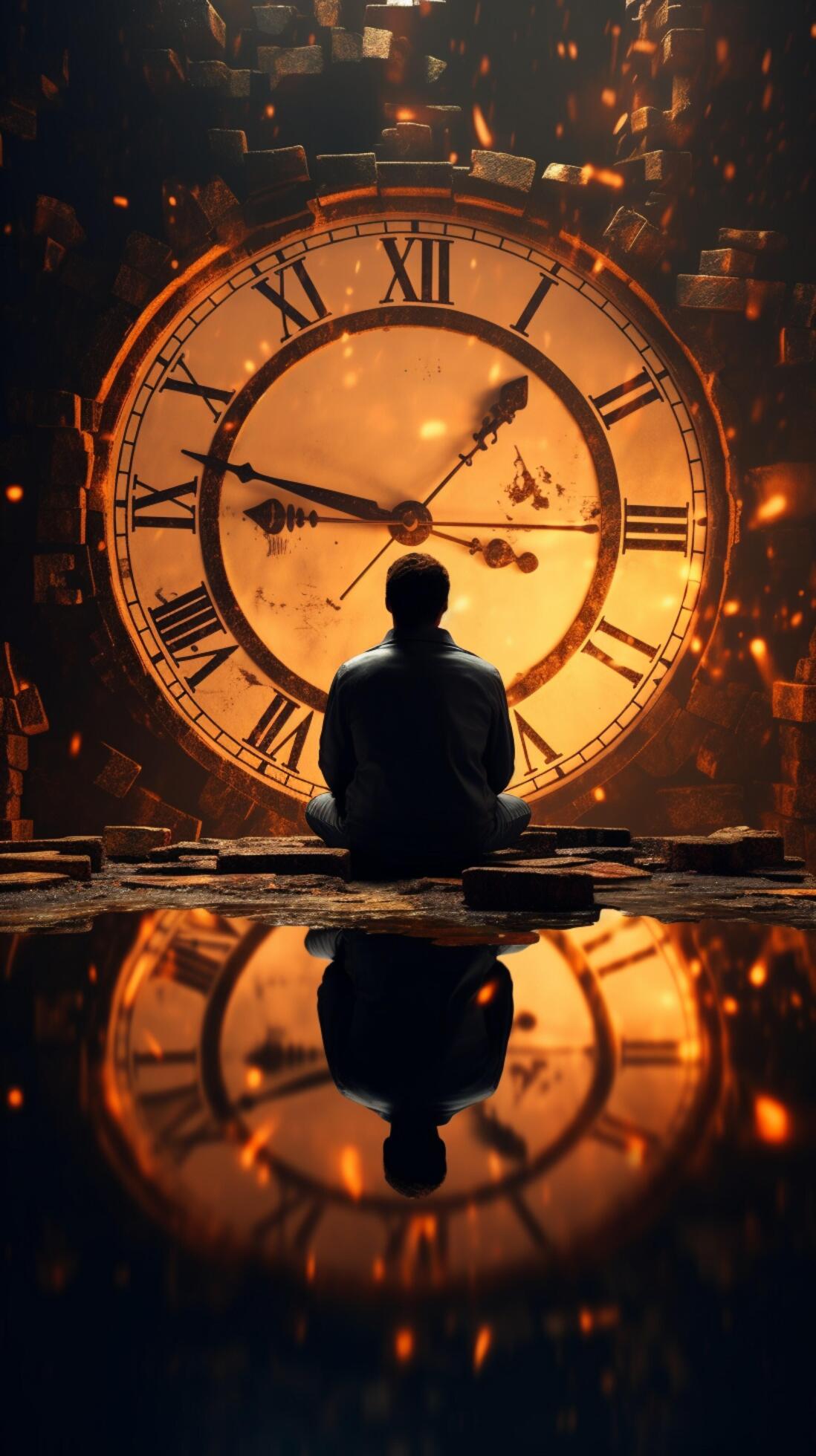 Seated before vintage clock, person engages in a reflective encounter