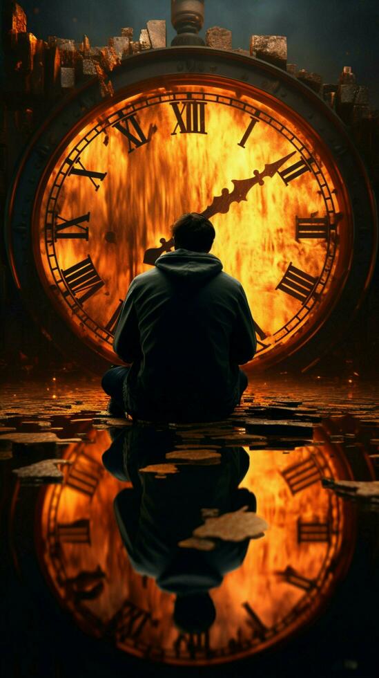 Seated before vintage clock, person engages in a reflective encounter with time. Vertical Mobile Wallpaper AI Generated photo