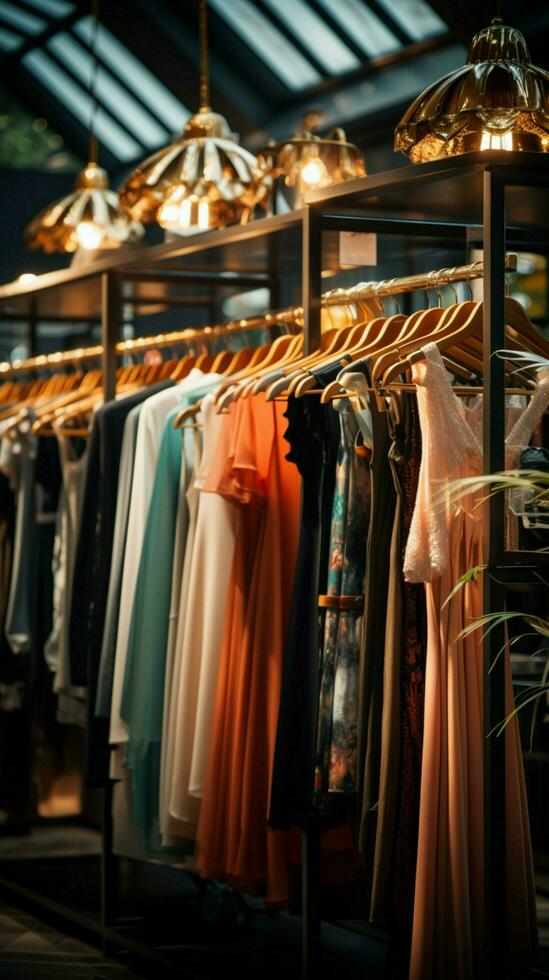 Clothing shop's hangers exhibit modern fashion, highlighting the boutique's stylish ambiance. Vertical Mobile Wallpaper AI Generated photo