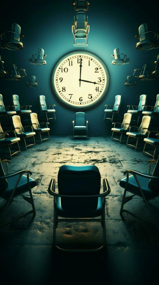 Visual synergy Illustration combines chairs and clock in a 3D rendered masterpiece. Vertical Mobile Wallpaper AI Generated photo