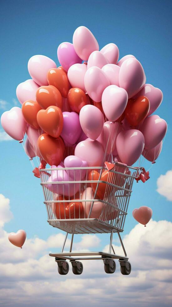 Whimsical Heart balloons elevate a shopping cart, blending joy with online shopping. Vertical Mobile Wallpaper AI Generated photo