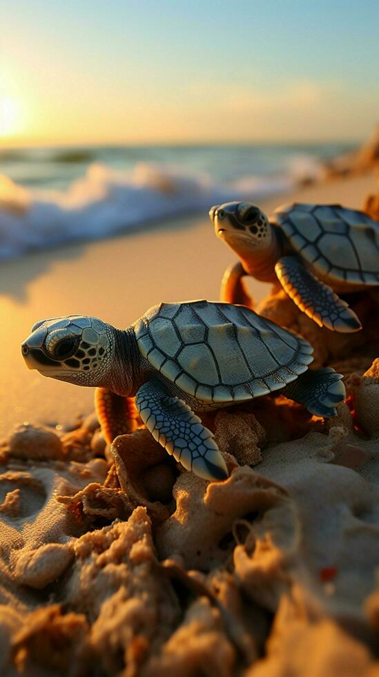 Coastal marvel Seaside hatching unveils baby turtles as they start oceanic exploration. Vertical Mobile Wallpaper AI Generated photo