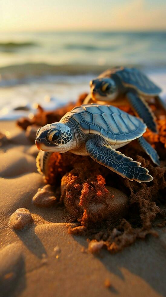 Coastal marvel Seaside hatching unveils baby turtles as they start oceanic exploration. Vertical Mobile Wallpaper AI Generated photo