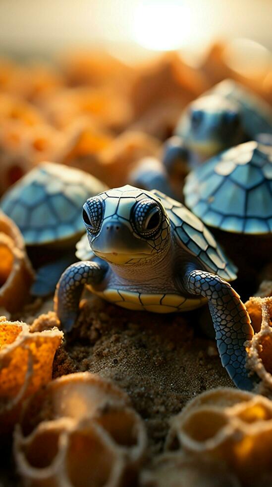 Coastal marvel Seaside hatching unveils baby turtles as they start oceanic exploration. Vertical Mobile Wallpaper AI Generated photo