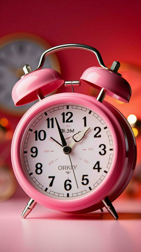 Commanding presence Big alarm clock, trolley close up against vibrant pink background. Vertical Mobile Wallpaper AI Generated photo