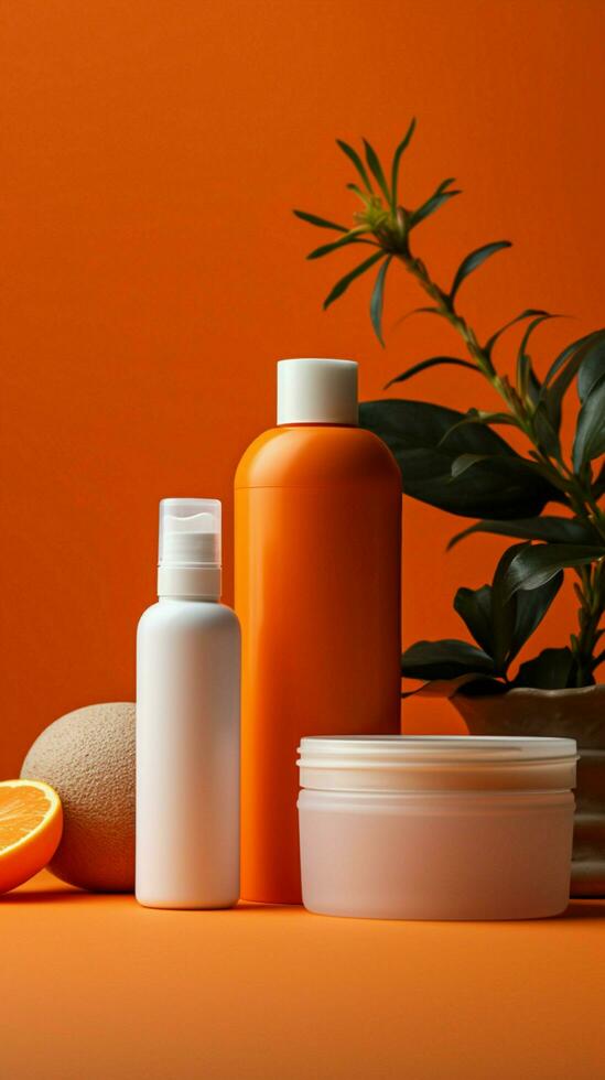 Cosmetic products stand on orange backdrop, providing room for text in advertising. Vertical Mobile Wallpaper AI Generated photo