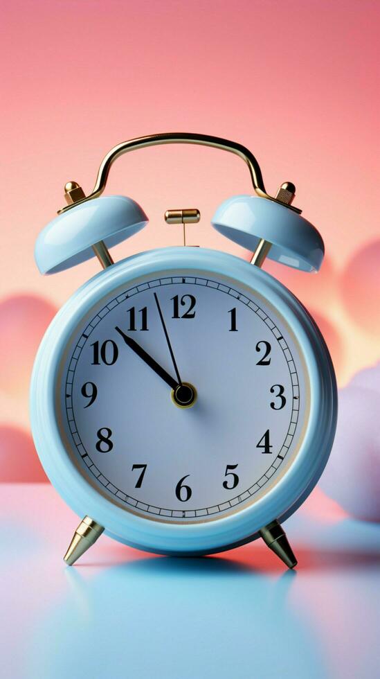 creativo alarma reloj en pastel rosado azul fondo, encarnando mínimo pastel tendencia. vertical móvil fondo de pantalla ai generado foto
