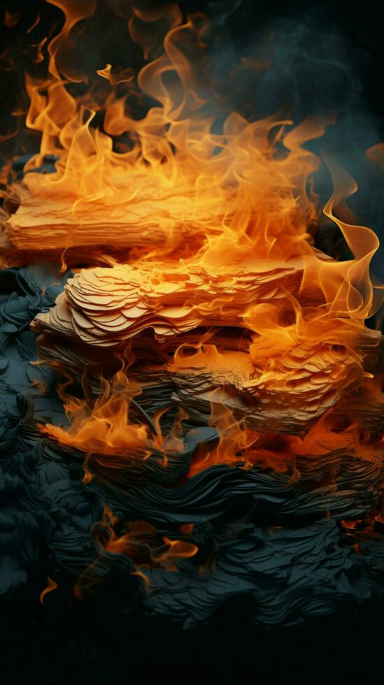 Detailed view reveals the delicate intricacies within the close up of burnt paper. Vertical Mobile Wallpaper AI Generated photo