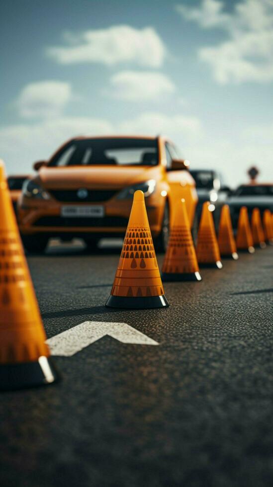 Car navigates traffic cones, a vital component of the driving license test. Vertical Mobile Wallpaper AI Generated photo