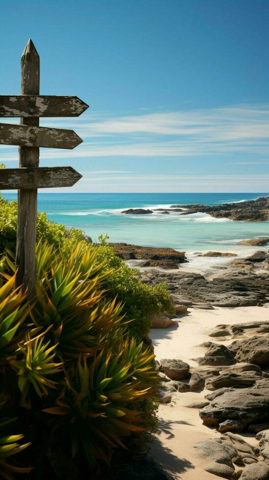 Coastal cues Arrow signboard amidst beach beauty and lush plant surroundings Vertical Mobile Wallpaper AI Generated photo