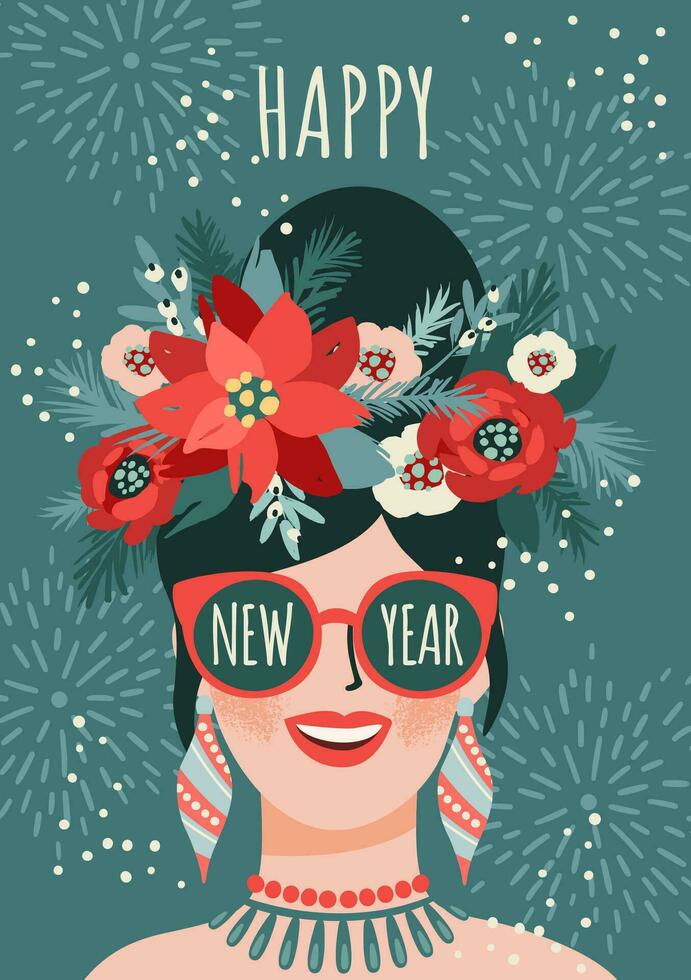 Christmas and Happy New Year illustration of young woman. Trendy retro style. Vector design template.