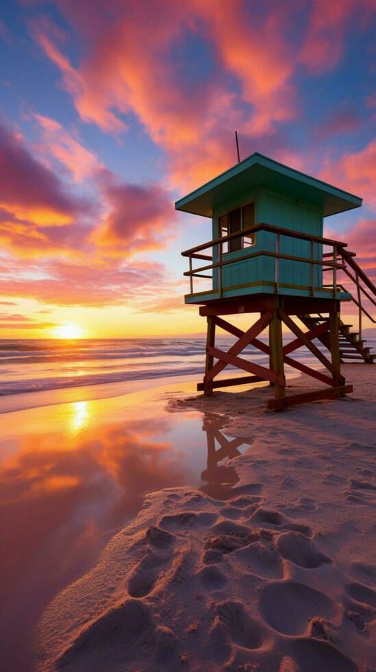 vistoso amanecer Salvavidas torre, sur playa orilla, y azur cielo pintar miami belleza vertical móvil fondo de pantalla ai generado foto