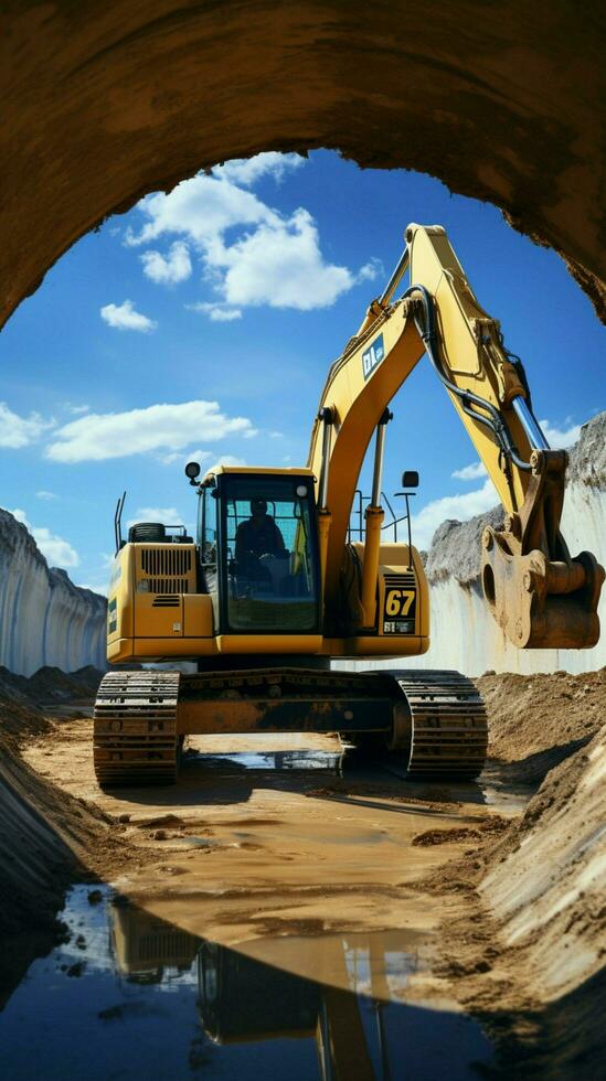 Construction scene Caterpillar excavator digs with force against blue sky, near concrete pipe. Vertical Mobile Wallpaper AI Generated photo