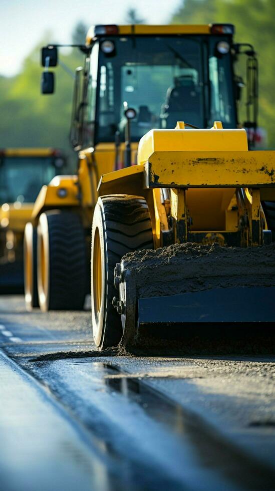 Construction site close-up Yellow roller compacts black asphalt, transforming country road. Vertical Mobile Wallpaper AI Generated photo