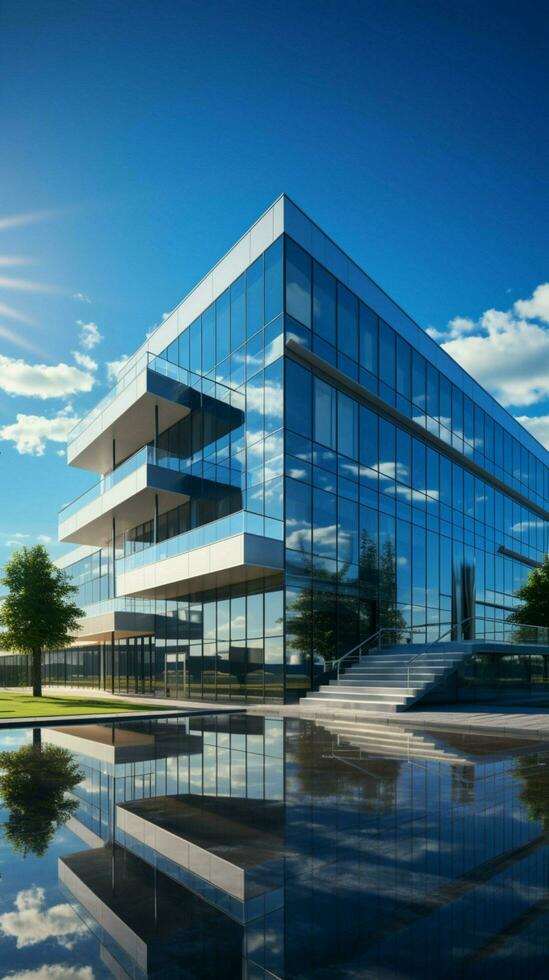 Contemporary corporate office against blue sky A modern symbol of business excellence. Vertical Mobile Wallpaper AI Generated photo