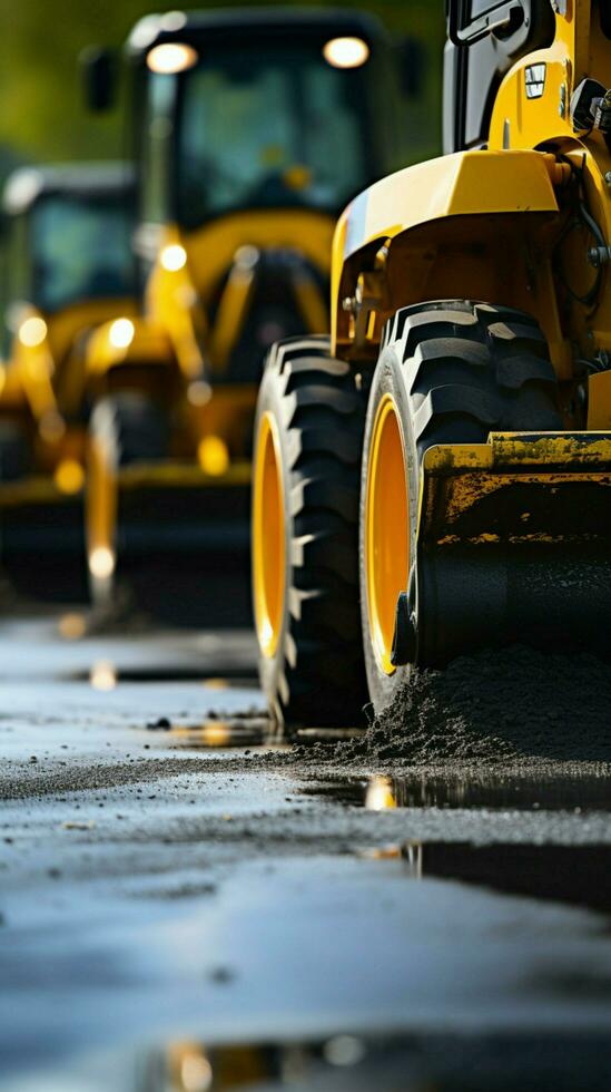 Construction site close-up Yellow roller compacts black asphalt, transforming country road. Vertical Mobile Wallpaper AI Generated photo