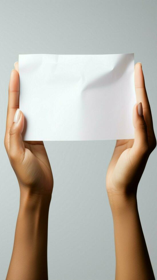 Creative potential Hands grasp blank paper, isolated on a clean white background Vertical Mobile Wallpaper AI Generated photo