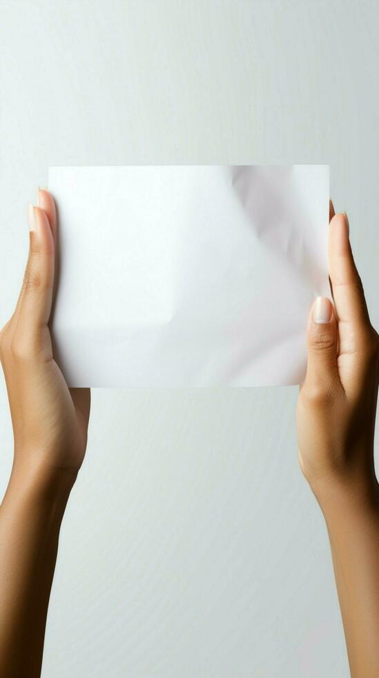 Creative potential Hands grasp blank paper, isolated on a clean white background Vertical Mobile Wallpaper AI Generated photo