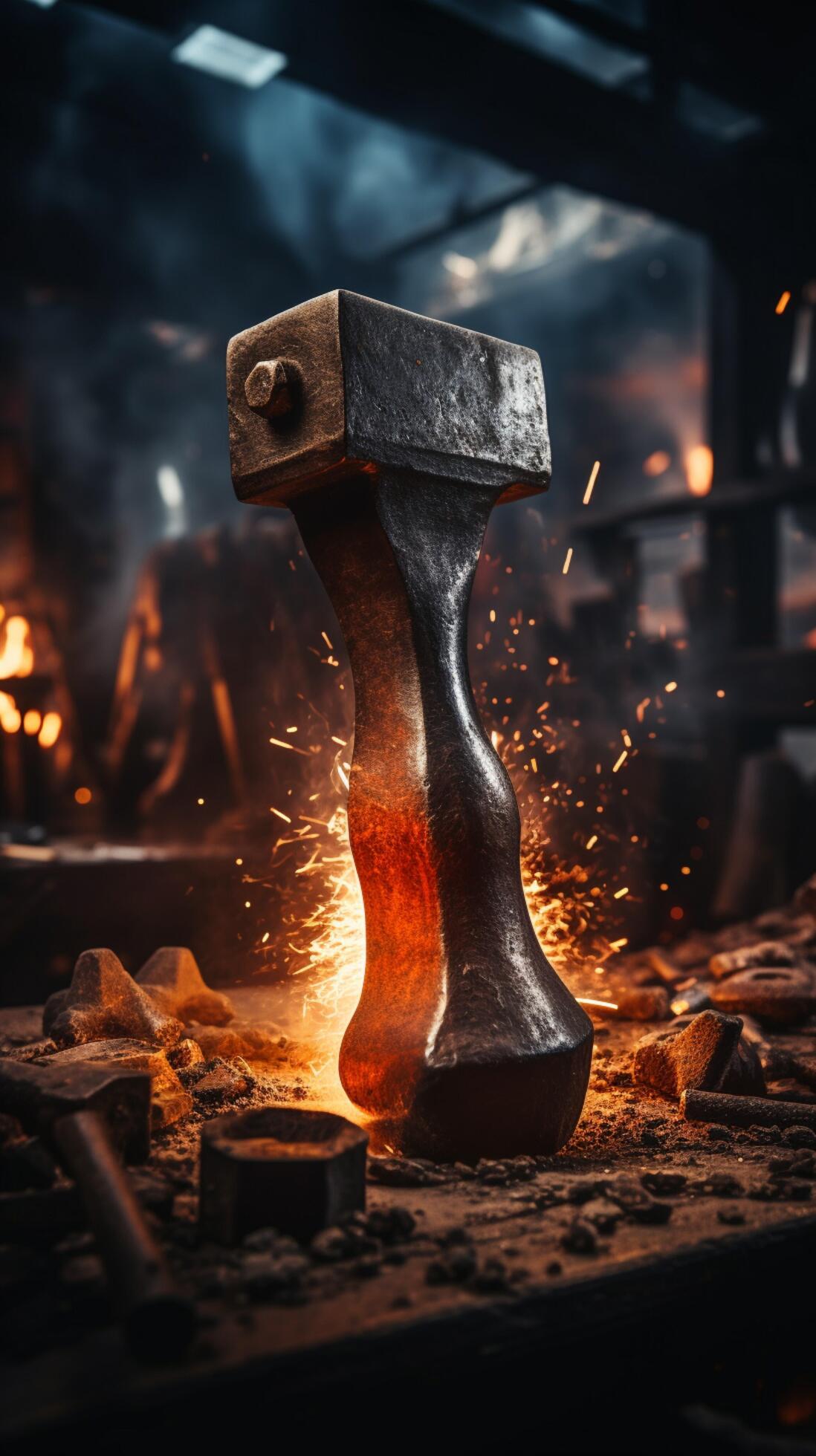 Dark smith workshop Close-up captures hammer striking anvil in intense