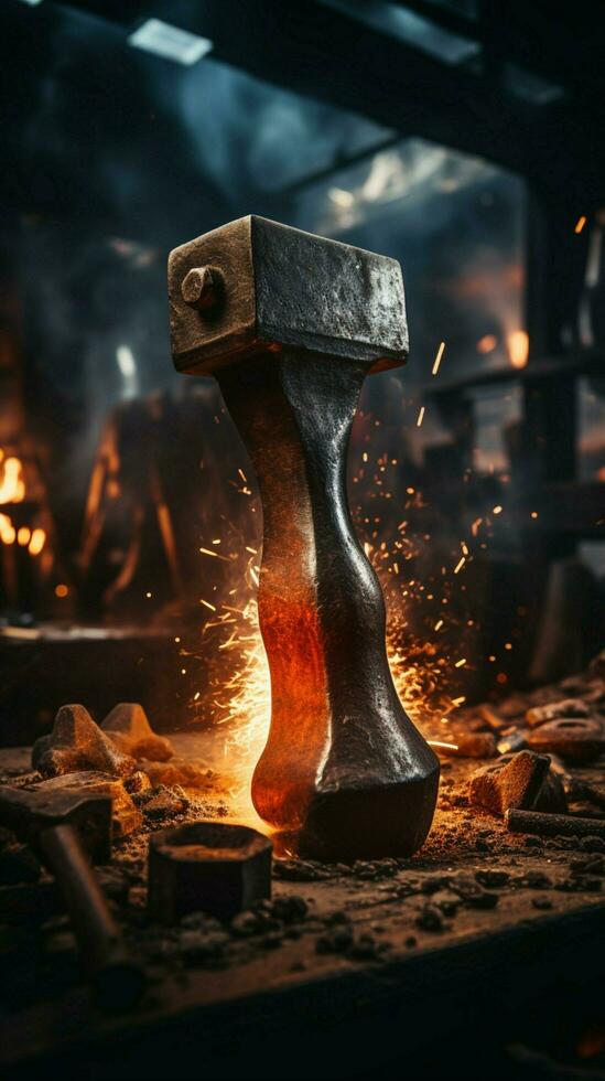 Dark smith workshop Close-up captures hammer striking anvil in intense photo shoot. Vertical Mobile Wallpaper AI Generated