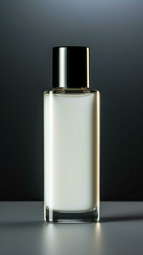 Elegance in simplicity Cosmetic bottle on light grey background exudes refined charm Vertical Mobile Wallpaper AI Generated photo