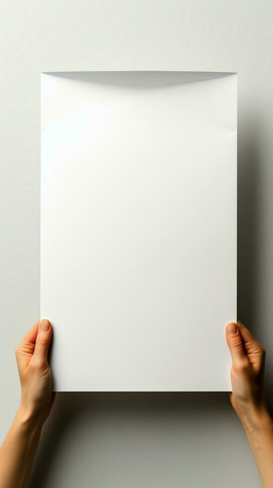 Empty canvas held Hands clutch blank paper, set against a white isolation Vertical Mobile Wallpaper AI Generated photo