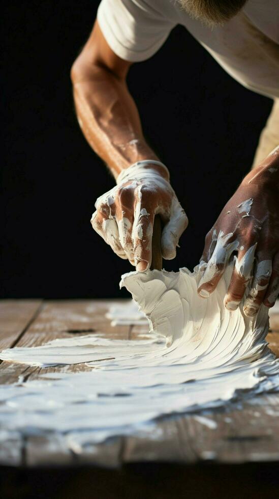 expresivo creación masculino mano intrincadamente pinturas madera con blanco, mejorando textural ambiente vertical móvil fondo de pantalla ai generado foto