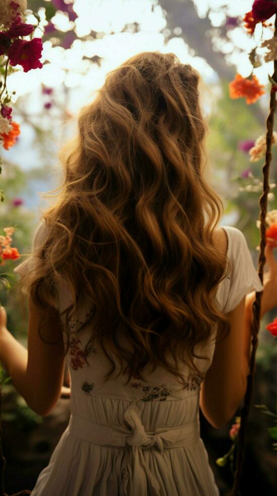 Amidst flowers, back view woman swings outdoors, her hair dancing in natures embrace Vertical Mobile Wallpaper AI Generated photo